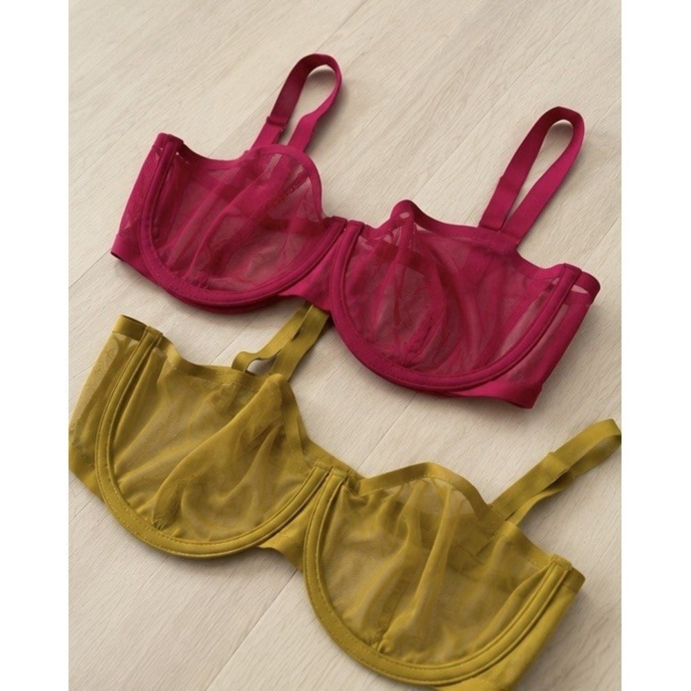 CUUP The Balconette Bra Lot of 2 Women's 36E Pink Mustard Mesh Underwire